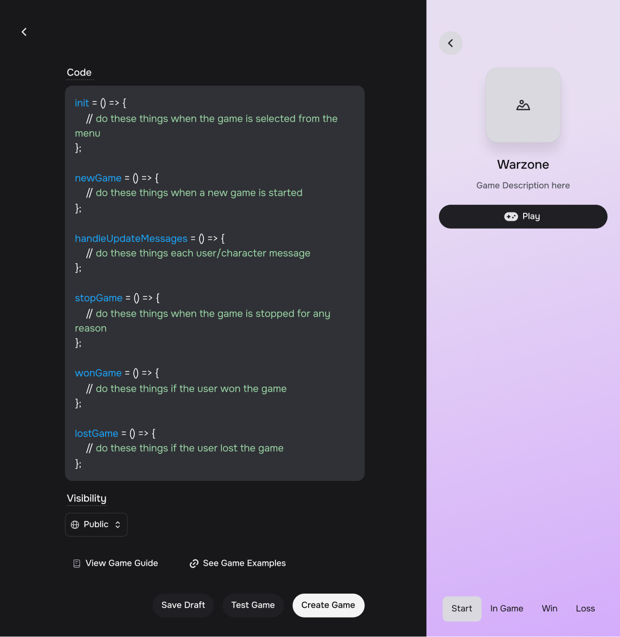 The submission form: name, description, win and lose states, and their artwork