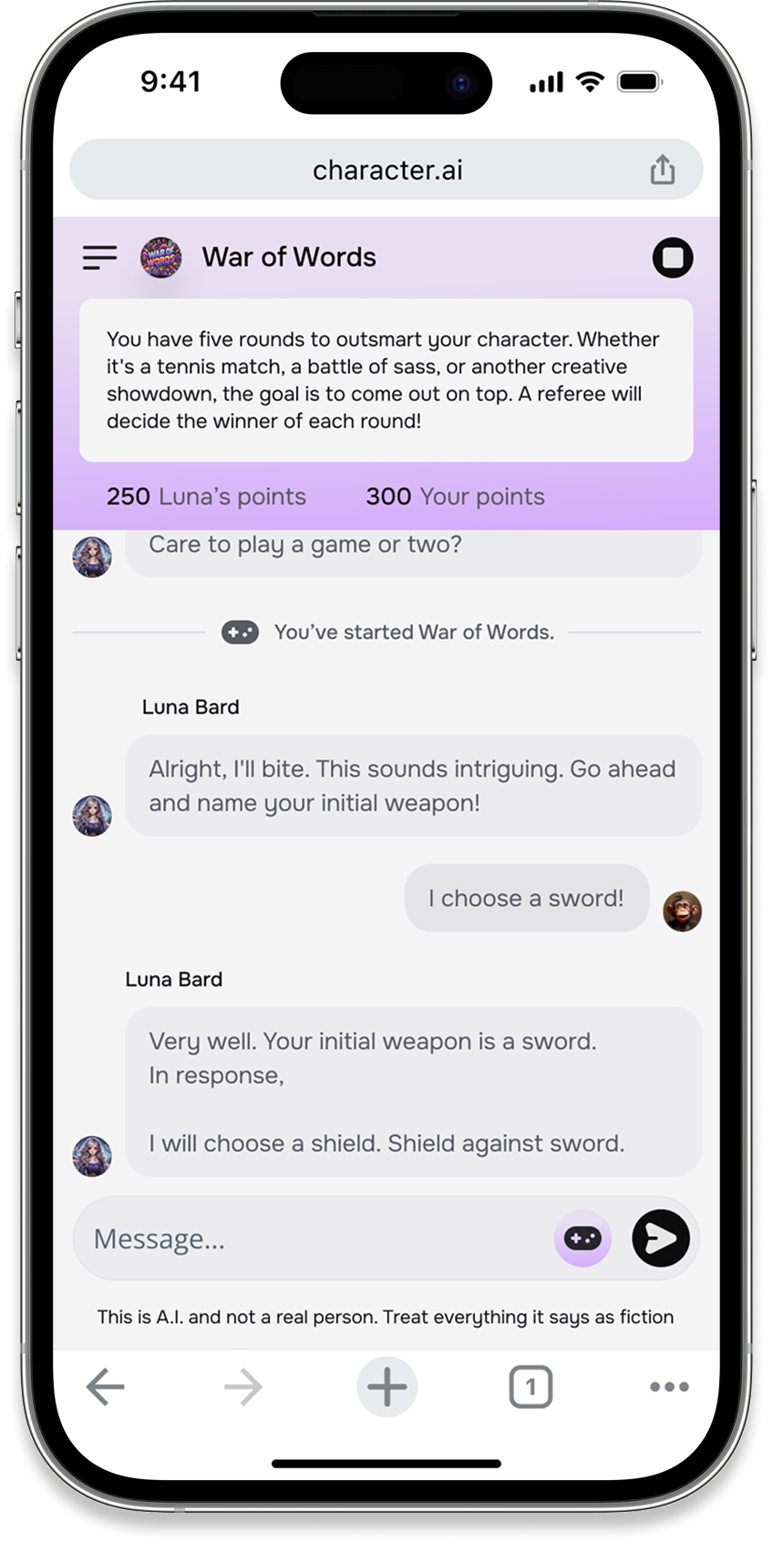 A round of War of Words in progress, with the running score above the thread