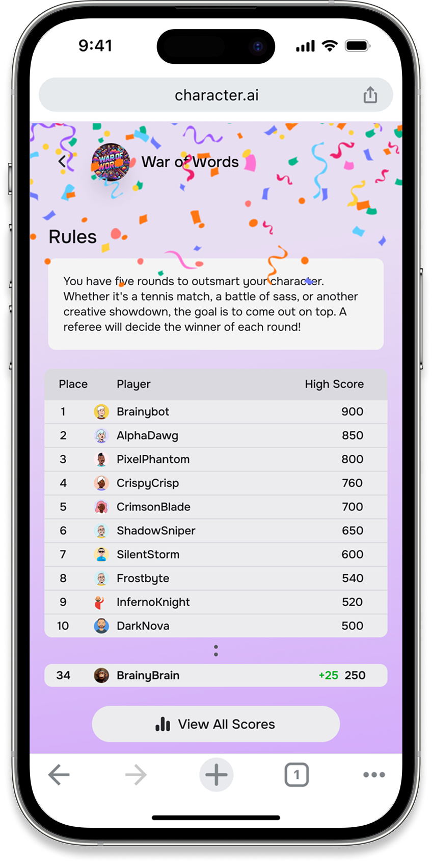 The rules and high-score table for War of Words