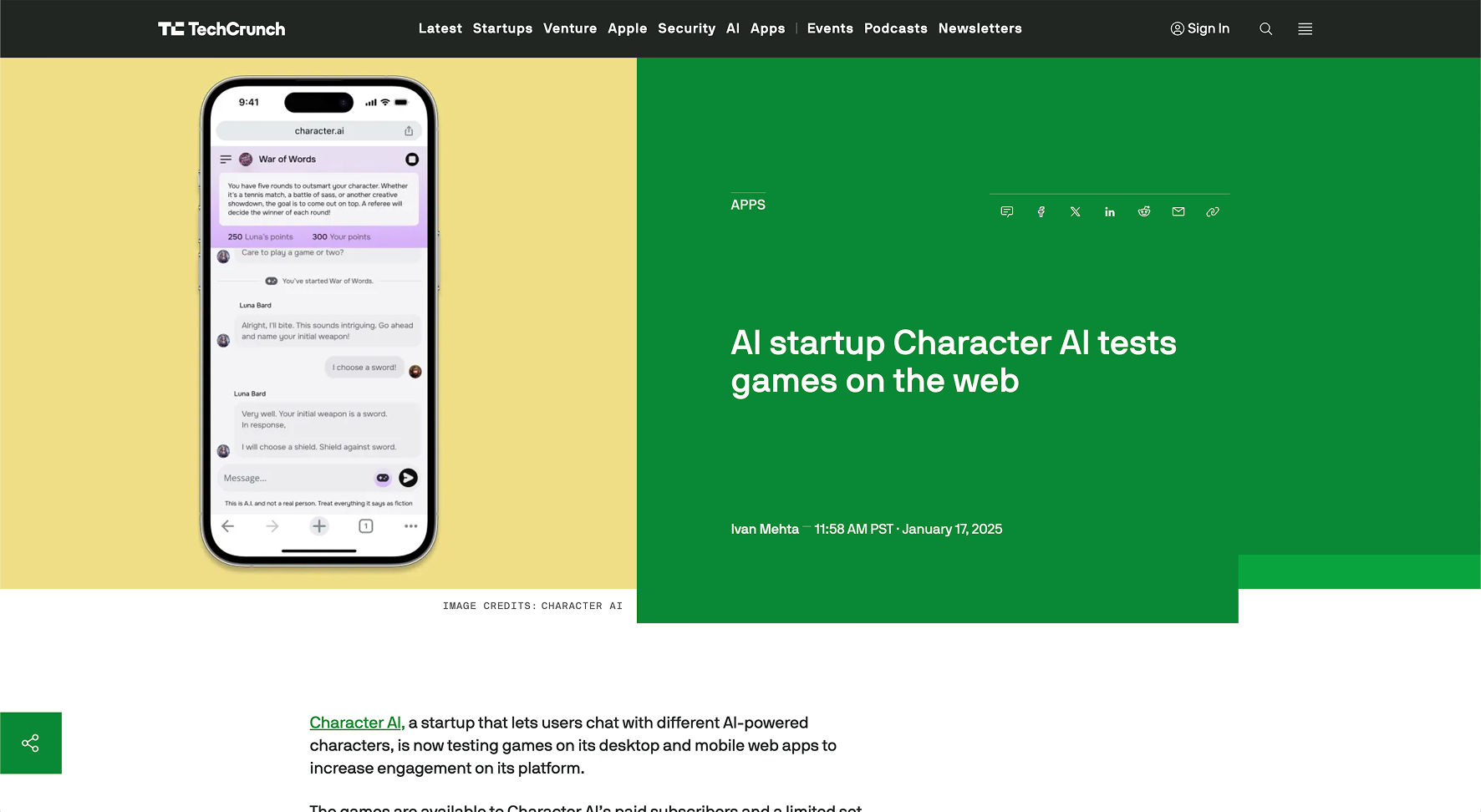 TechCrunch covering character.ai testing games on the web