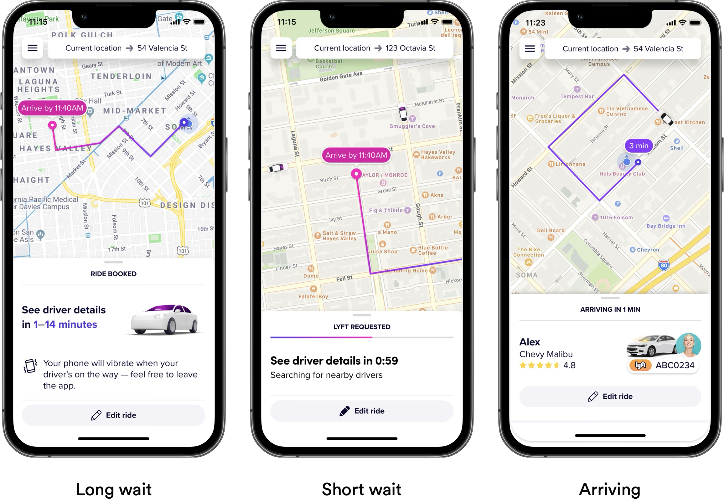 The original post-request screens: ride booked, Lyft requested with a countdown, and arriving